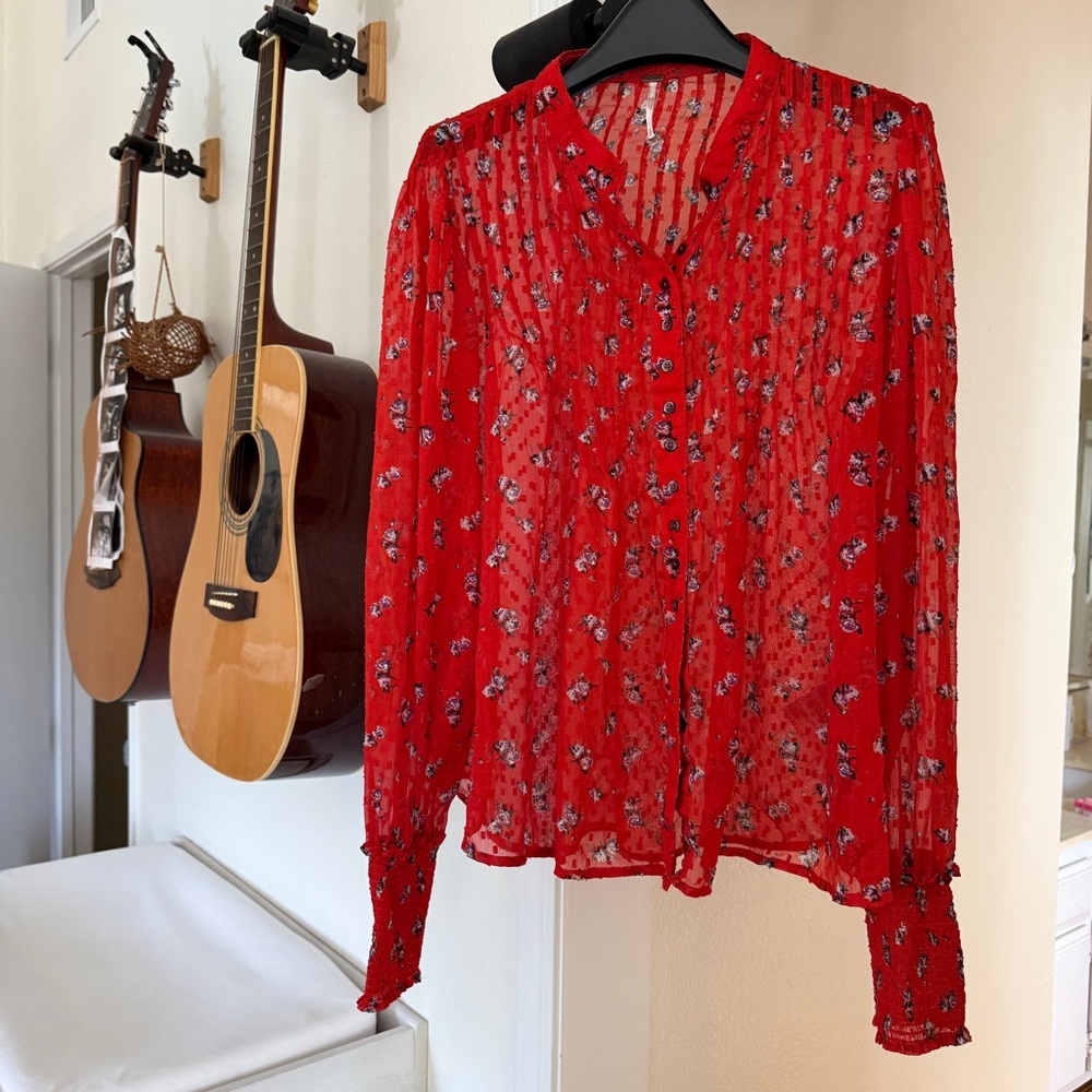 Free People Floral Sheer Red Blouse - Picture 7 of 9